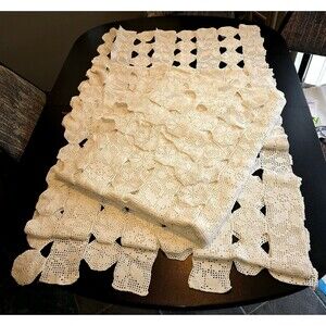 Antique (Set OF 2) Detailed Cream Crocheted Long TABLE Cloth or COUCH Runners